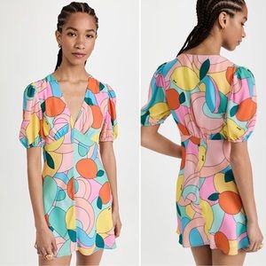 Staud Mini Milla Dress in Citrus Kaleidoscope Multicolor Puff Sleeve in Size 0